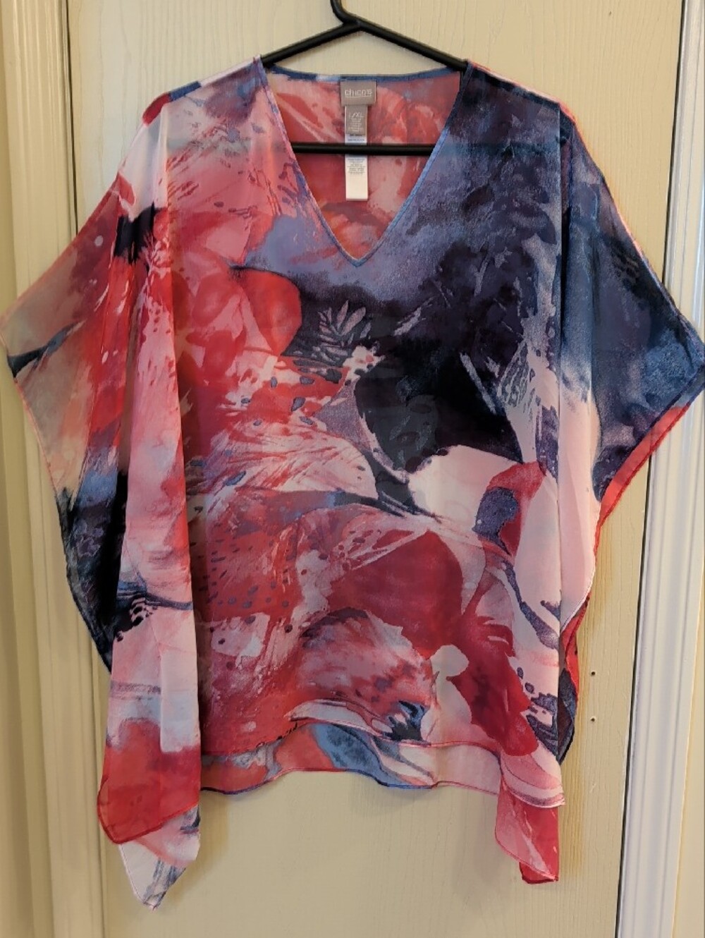 Chico's Sheer Abstract Poncho Tunic V-Neck Red Blue L/XL